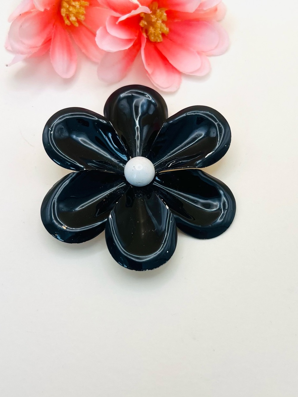 Black enamel Flower Brooch with White Center - Women's Accessory